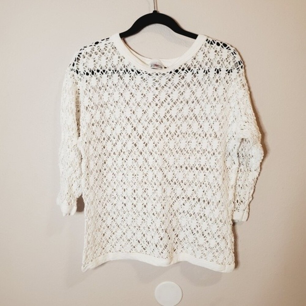 Vintage Y2K Open Crochet knit 3/4 sleeves White Top